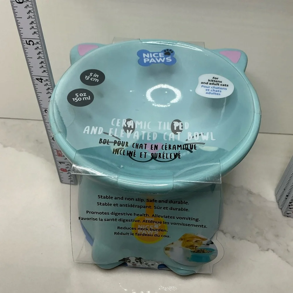 Teal Cat Ceramic Pet Bowl - Cute Heart Nose Design Elevated new